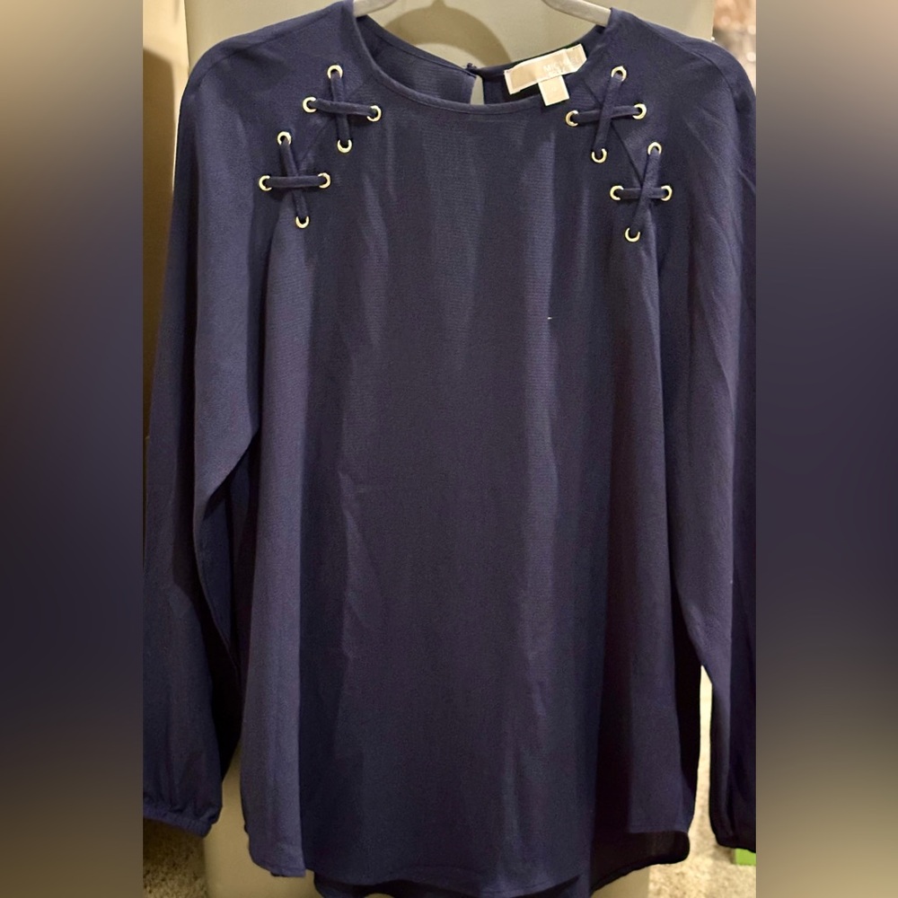NWOT MICHAEL Michael Kors Navy Blouse with Gold Lace-Up Detail
